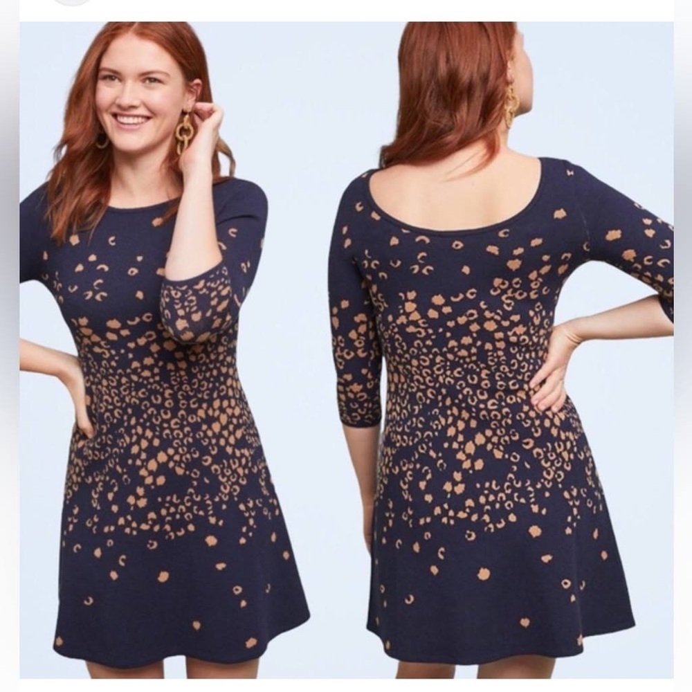 Maeve Anthropologie navy leopard print sweater dress